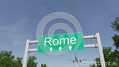 Airplane arriving to Rome airport. Travelling to Italy conceptual 3D rendering Stock Photo