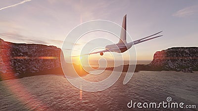 Airplane on the background of the sunset Cartoon Illustration