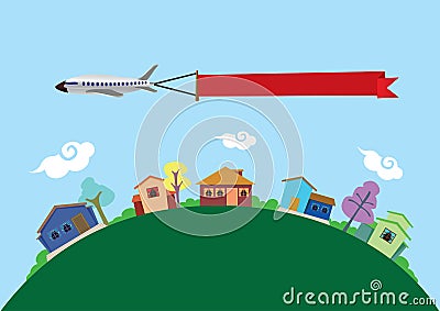 Airplane with Banner Flying Above Houses Vector Illustration Vector Illustration