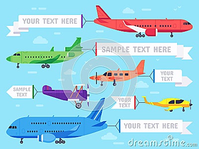 Airplane with banner. Flying ad aeroplane, aviation aircraft banners and airline plane ads vector illustration Cartoon Illustration