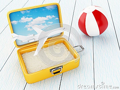 Airplane, beach ball and suitcase open with sand. Stock Photo