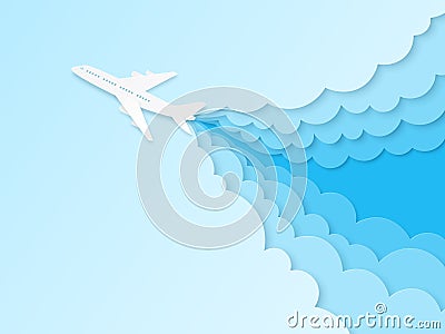 Airplane in blue sky. Flight plane in origami style, aviation tourism. Summer travelling paper cut vector transportation Vector Illustration