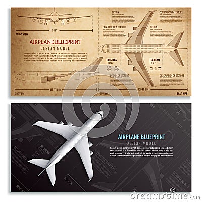 Airplane Blueprint Horizontal Banners Vector Illustration