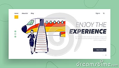 Airplane Boarding, Air Trip Landing Page Template. Airline Staff Stewardess Character, Flight Attendant, Air Hostess Vector Illustration