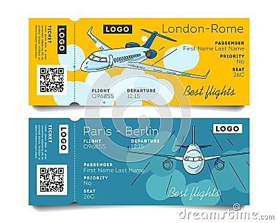 Airplane boarding pass, admission ticket to the plane, two options of design with plane illustration Vector Illustration