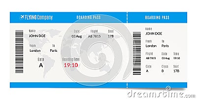 Airplane boarding pass design. Plane travel ticket illustration. Air admission template. Vector Illustration