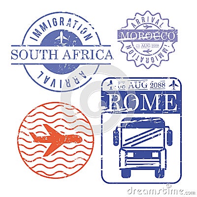 Airplane and bus travel stamps south africa morocco and rome in colorful silhouette Vector Illustration