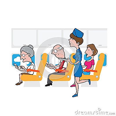 Airplane cabin passengers and air hostess Vector Illustration