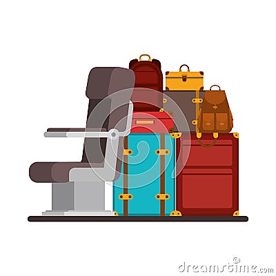 Airplane chair with pile suitcases Vector Illustration