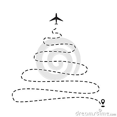 Airplane Christmas tree track to point, line way or air lines Vector Illustration