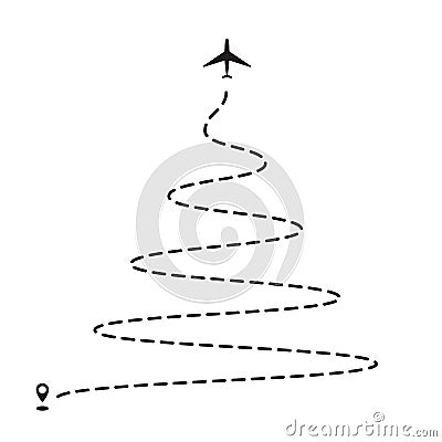 Airplane Christmas tree track to point, line way or air lines Vector Illustration