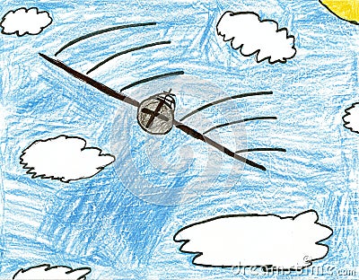 Airplane in clouds child drawing Stock Photo