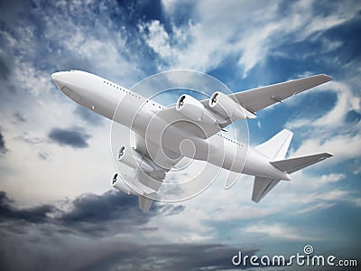 Airplane in the cloudy sky. 3D illustration Cartoon Illustration