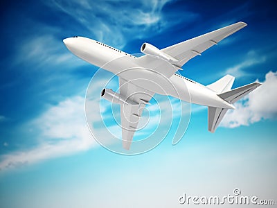 Airplane in the cloudy sky. 3D illustration Cartoon Illustration