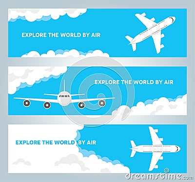 Airplane in cloudy sky vector banners Vector Illustration