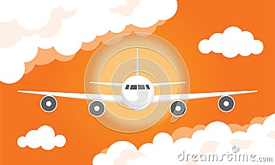 Airplane in a cloudy sunset sky Vector Illustration