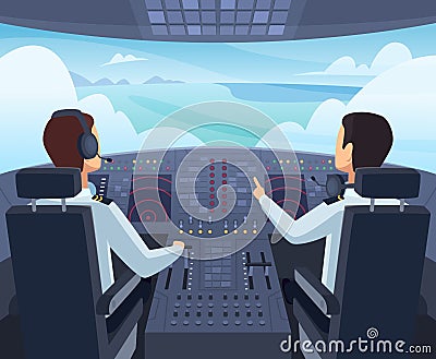 Airplane cockpit. Pilots sitting front of dashboard aircraft inside vector cartoon illustrations Vector Illustration