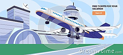 Airplane coming in for landing on runway. Arrival aircraft on airstrip. Airliner takeoff from airfield. Airport tower Cartoon Illustration