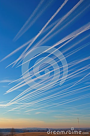 airplane contrails creating patterns in a clear sky Stock Photo
