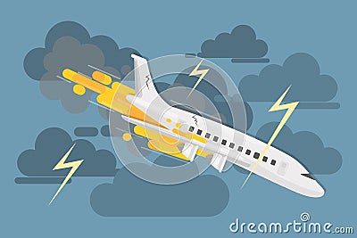 Airplane crash in clouds. Vector Illustration