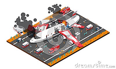 Airplane Crash Isometric Composition Vector Illustration