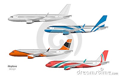 Airplane design. Side view of plane. Aircraft 3d template. Jet mockup in realistic style. Isolated industrial blueprint. Vector Illustration