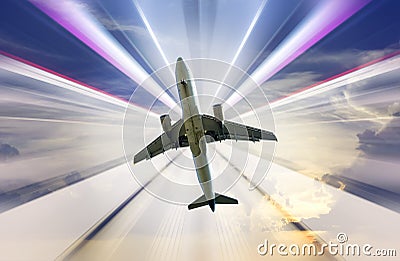 Airplane on divergent rays background Stock Photo