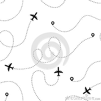 Airplane dotted path. Travel and tourism routes concept. Vector seamless pattern plane black dots line drawing romantic Vector Illustration