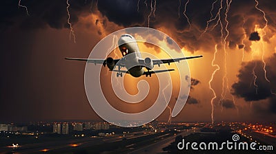 An airplane fearlessly navigates through a turbulent thunderstorm, defying the Stock Photo