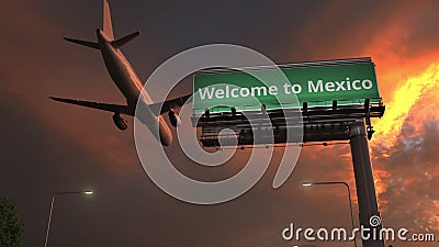 Airplane flies above WELCOME TO MEXICO highway sign in the evening, 3d rendering Stock Photo