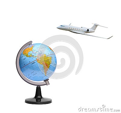 Airplane flies around the world Stock Photo