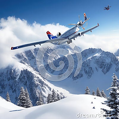 An airplane flies over snowy mountain peaks in the Alps. Stock Photo