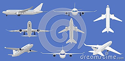 Airplane flight. Aircraft plane in front, side and top view, passenger plane or cargo service aircraft. Flying airplane Vector Illustration