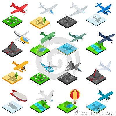 Airplane flight icons set, isometric style Vector Illustration