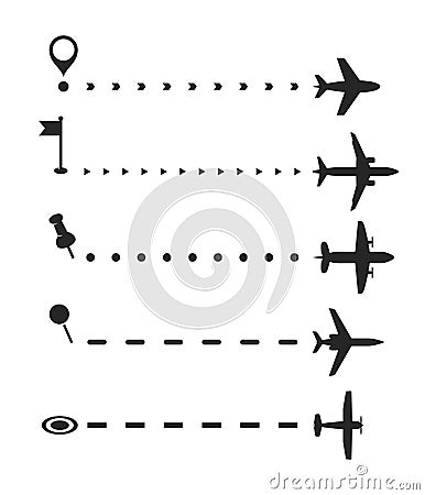 Airplane flight path vector brash set, airliner route with start point dashed line brushes and plane silhouettes Vector Illustration