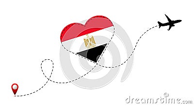 Airplane flight route with Egypt flag inside the heart. Vector Illustration