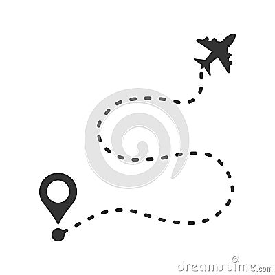 Airplane flight route icon in flat style. Travel line path vector illustration on white isolated background. Dash line trace Vector Illustration