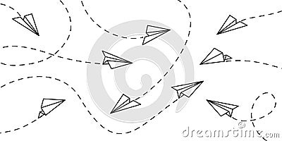 Airplane flight route line path and destination point. Paper planes travel dash line, vector white pattern background Vector Illustration