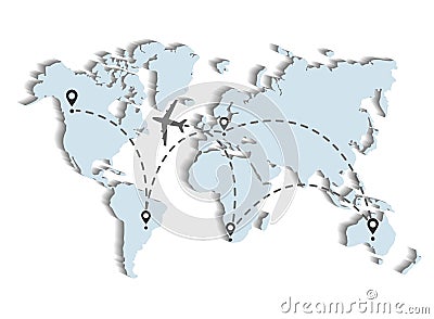 Airplane flight route over the map of the world. Vector Illustration