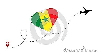 Airplane flight route with Senegal flag inside the heart. Vector Illustration