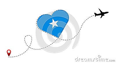 Airplane flight route with Somalia flag inside the heart. Vector Illustration