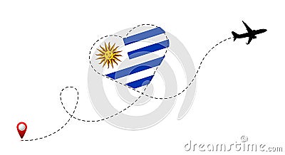 Airplane flight route with Uruguay flag inside the heart Vector Illustration