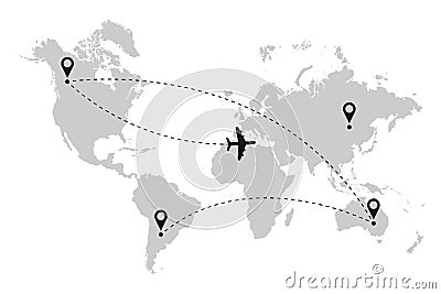 Airplane flight route on world map with dotted line path and location pin. Vector. Vector Illustration