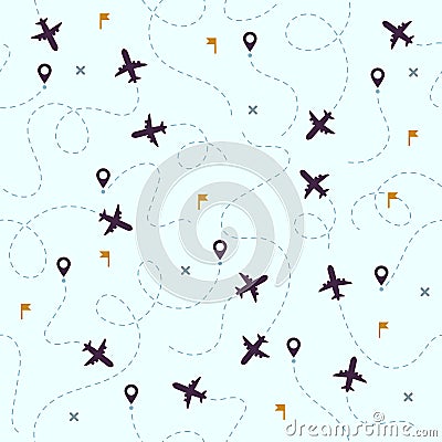 Airplane flights pattern. Plane travel, avia traveling routes and aviation vector seamless background Vector Illustration