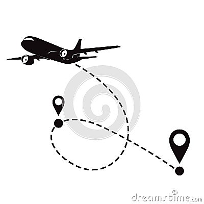 Airplane fligth route or air plane destination line path. Vector Illustration