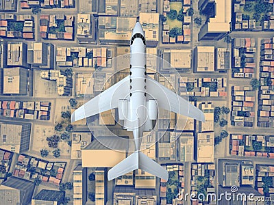 Airplane fly above city. top view. 3d rendering Stock Photo