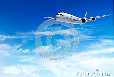 Airplane fly in the in a blue cloudy sky. Travel concept. Vector Illustration