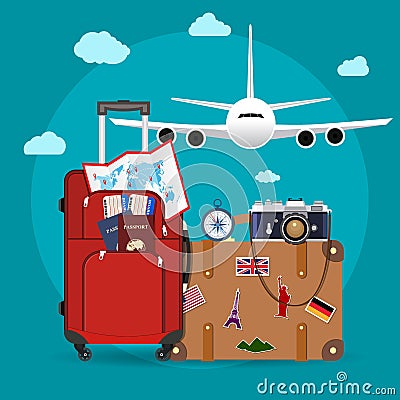 Airplane flying above tourists luggage Vector Illustration