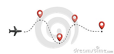 Airplane flying along dashed route with multiple location markers, symbolizing multi-stop travel, navigation, itinerary Vector Illustration
