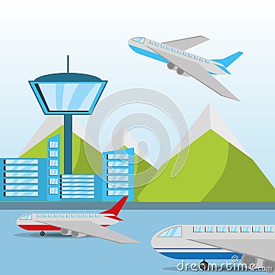 Airplane flying around the airstrip with a beautiful landscape Vector Illustration